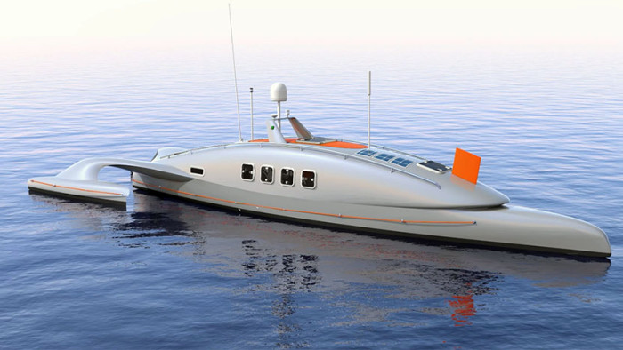 Der als Pedal Beast bezeichnete Trimaran Hanna ist ein 38 Fuß langes Spezialboot, das ausschließlich für pedalbetriebenen Propellerantrieb  konstruiert wurde. (Bild: Paul Spencer)